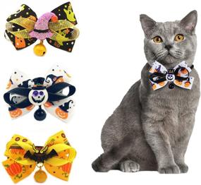 img 4 attached to 🎃 Haakong 3-Piece Halloween Cat Bowtie Collar Set with Bell - Kitten Removable Bow Collar Featuring Pumpkin Soul Print, Witch Hat, Bat, and Clown Resin Decoration