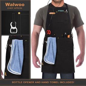 img 3 attached to 🔥 Durable Adjustable Grilling and Cooking Apron for Men and Women - Chef BBQ Apron with Bottle Opener, Towel Included (Black)