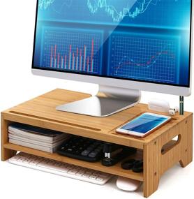 img 4 attached to 🎋 Bamboo Desktop Organizer Riser Stand, Pezin &amp; Hulin Wood 2 Tiers Computer Stand Storage for Laptop, Tablet, Cellphone, Keyboard, Printer, and More