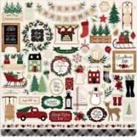 echo park paper cozy christmas element sticker in red, green, black, tan, and woodgrain logo