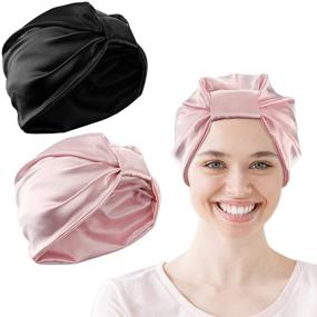 img 4 attached to 🎀 QMSILR Satin Bonnet: Stay-On Sleep Cap for Curly Natural Hair - 2 Pack (Black & Pink)