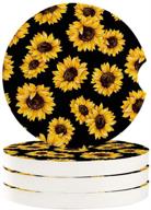 🌻 vandarllin absorbent ceramic car cup holder coasters - set of 4, sunflowers design, black drink car coaster with finger notch for easy removal, auto cupholder accessories logo