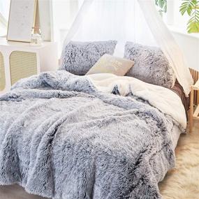 img 4 attached to 🐑 FlySheep Luxury Faux Fur Shaggy Fluffy Comforter Set: Queen Size - Mixed Gray and White Long Hair, Plush Sherpa Backing - Reversible Bedding Set Super Warm for Winter