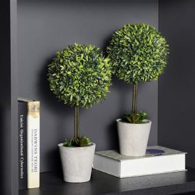 img 1 attached to MyGift 2 Pack Artificial Boxwood Topiary Tree - Potted Faux Plant Balls in Gray Pulp Planter, Stylish Tabletop Decor for Home and Office