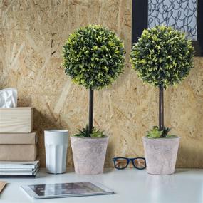 img 2 attached to MyGift 2 Pack Artificial Boxwood Topiary Tree - Potted Faux Plant Balls in Gray Pulp Planter, Stylish Tabletop Decor for Home and Office