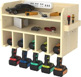 img 4 attached to 🔧 Wooden Power Tool Storage Organizer - Wall Mounted Charging Station with 5 Drill Hanging Slots and Screwdriver Cordless Drill Holder