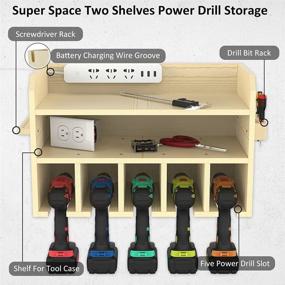 img 2 attached to 🔧 Wooden Power Tool Storage Organizer - Wall Mounted Charging Station with 5 Drill Hanging Slots and Screwdriver Cordless Drill Holder