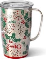 🎄 swig life hollydays christmas holiday print 18oz travel mug: stainless steel, triple insulated coffee tumbler with handle, dishwasher safe & cup holder friendly логотип