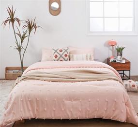 img 4 attached to 🛏️ Janzaa Pom Pom Comforter Set – Pink Queen Size Bedding, 3PCS Blush Tufted Pom Comforter Set with Jacquard Design, Includes 2 Pillow Cases, Ideal for All Seasons