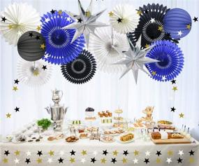img 1 attached to 🎉 Подвесные украшения для вечеринок - бумажные веера, звездные гирлянды, бумажные фонари - темно-синий, белый, черный - идеально подходят для выпускных вечеров, свадеб, годовщин, дней рождений.