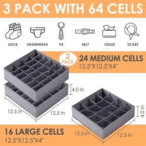 img 3 attached to 🗄️ 64 Cell Drawer Organizers, Set of 3 Pack Sock and Underwear Organizer Dividers: Fabric Foldable Cabinet Closet Organizers and Storage Boxes for Socks, Underwear, Ties (16+24+24 Cell, Gray)