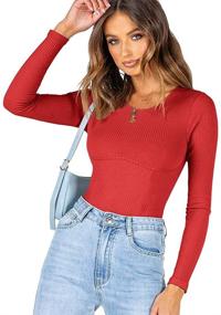img 3 attached to REORIA Women's Fashion Long Sleeve Underbust Detailing 👚 T Shirts Knit Ribbed Bodysuits Tops with Crew Neck