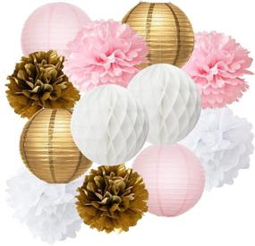img 4 attached to 🎉 Furuix Pink Gold Party Decorations Set - 12pcs Tissue Paper Pom Pom, Honeycomb Ball, and Paper Lantern for One Year Old Girls' Princess Birthday, Baby Shower Decorations