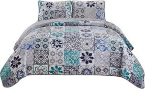 img 1 attached to 🌸 New Floral Pattern Oversized Quilted Bedspread Coverlet Set in White, Grey, Blue - Mk Home 3pc King/California King