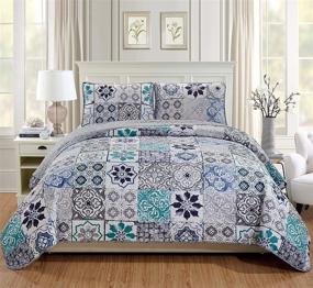 img 2 attached to 🌸 New Floral Pattern Oversized Quilted Bedspread Coverlet Set in White, Grey, Blue - Mk Home 3pc King/California King