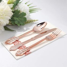 img 1 attached to 🌹 350 Piece Rose Gold Partyware Set: Includes 100 Plastic Plates, 150 Rose Gold Silverware (50 Forks, 50 Knives, 50 Spoons), and 50 Disposable Cups and Napkins Each