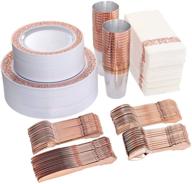 🌹 350 piece rose gold partyware set: includes 100 plastic plates, 150 rose gold silverware (50 forks, 50 knives, 50 spoons), and 50 disposable cups and napkins each logo