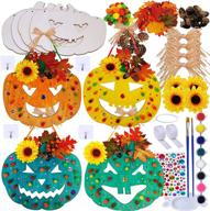 halloween pumpkin decoration craft kit: wooden jack o'lantern sign with paintable unfinished wood cutouts, autumn leaf for fall gift, halloween wall door hanger décor - 4 sets logo
