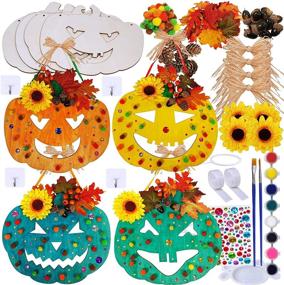 img 4 attached to Halloween Pumpkin Decoration Craft Kit: Wooden Jack O'Lantern Sign with Paintable Unfinished Wood Cutouts, Autumn Leaf for Fall Gift, Halloween Wall Door Hanger Décor - 4 Sets