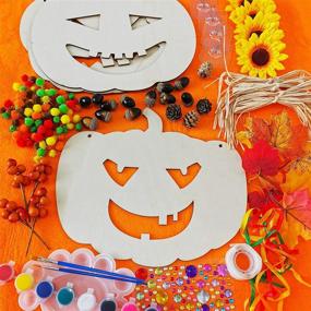 img 2 attached to Halloween Pumpkin Decoration Craft Kit: Wooden Jack O'Lantern Sign with Paintable Unfinished Wood Cutouts, Autumn Leaf for Fall Gift, Halloween Wall Door Hanger Décor - 4 Sets