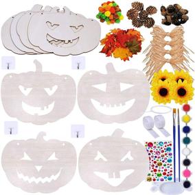 img 3 attached to Halloween Pumpkin Decoration Craft Kit: Wooden Jack O'Lantern Sign with Paintable Unfinished Wood Cutouts, Autumn Leaf for Fall Gift, Halloween Wall Door Hanger Décor - 4 Sets