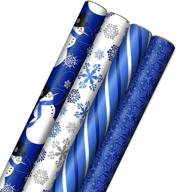 🎁 blue christmas wrapping paper with cut lines on reverse | 4 rolls | 120 sq. ft. total | snowmen, snowflakes, blue & white stripes logo