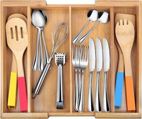 img 4 attached to Expandable Silverware Tray - Adjustable Bamboo Wooden Utensil Cutlery Organizer for Kitchen Storage - 4 Compartments Dividers - Knives, Forks, Spoons, Accessories - Brown