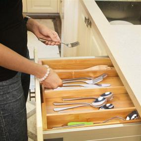 img 3 attached to Expandable Silverware Tray - Adjustable Bamboo Wooden Utensil Cutlery Organizer for Kitchen Storage - 4 Compartments Dividers - Knives, Forks, Spoons, Accessories - Brown