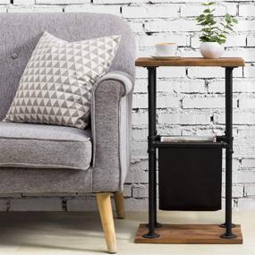 img 1 attached to 🔥 Rustic Burnt Wood Narrow End Table: Industrial Metal Pipes and Leatherette Magazine Sling Holder by MyGift