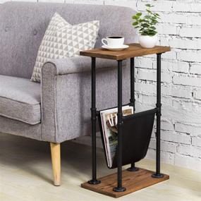 img 3 attached to 🔥 Rustic Burnt Wood Narrow End Table: Industrial Metal Pipes and Leatherette Magazine Sling Holder by MyGift