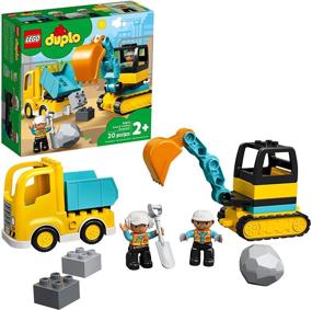 img 4 attached to LEGO DUPLO Строительный грузовик и гусеничный экскаватор 10931: игрушка для стройплощадки для детей от 2 лет с игрушкой грейдером и самосвалом (20 деталей)