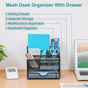 img 1 attached to 🖤 Upgraded Mesh Desk Supplies Organizer with Drawer - Office Desktop Organizers and Accessories - School Desk Stationery Organizer Caddy with 4 Compartments Pencil Holder (Black)