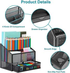 img 2 attached to 🖤 Upgraded Mesh Desk Supplies Organizer with Drawer - Office Desktop Organizers and Accessories - School Desk Stationery Organizer Caddy with 4 Compartments Pencil Holder (Black)