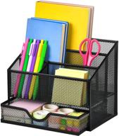 🖤 upgraded mesh desk supplies organizer with drawer - office desktop organizers and accessories - school desk stationery organizer caddy with 4 compartments pencil holder (black) logo