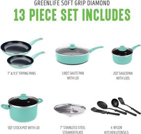 img 3 attached to Набор посуды GreenLife Soft Grip Diamond Ceramic Nonstick, 13 предметов, бирюзовый - Здоровая кухонная посуда.