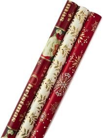 img 2 attached to 🎁 Hallmark Reversible Christmas Wrapping Paper Set: Traditional Red and Gold Design with Ribbon and Gift Tag Stickers - 3 Rolls of Paper and Ribbon Bundle