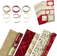 🎁 hallmark reversible christmas wrapping paper set: traditional red and gold design with ribbon and gift tag stickers - 3 rolls of paper and ribbon bundle logo