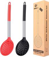 🥄 set of 2 large slotted spoon ladle strainers: high heat resistant, bpa free, non-stick cooking skimmers for draining & frying - black and red logo