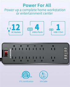 img 3 attached to Premium Power Strip Surge Protector with USB C Ports, 12 Outlets, and 6 FT Extension Cord - Flat Plug, Overload Surge Protection - ETL Listed, Wall Mountable for Home, Office, Dorm - 1875W/15A Power Solution