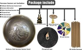 img 2 attached to 🌸 Peony Fish Brass Incense Burner Set: Catcher Plate, Gift Set with 50 Sticks & 30 Cones, Fireproof Mat & Incense Clip Included