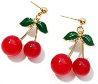 🍒 exquisite 18k gold plated fruit earring: 3d green leaf red cherry charm tassel drop stud logo