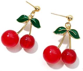 img 1 attached to 🍒 Exquisite 18K Gold Plated Fruit Earring: 3D Green Leaf Red Cherry Charm Tassel Drop Stud