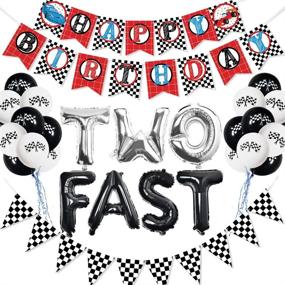 img 4 attached to WERNNSAI Two Fast 2nd Birthday Party Supplies: Racing Car Theme Decorations for Boy Race Fans - Happy Birthday Banner, Black Silver Foil Balloon, Latex Confetti Balloon