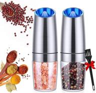 🌶️ efficient electric gravity pepper grinder/salt mill set with adjustable coarseness - battery powered, blue led light, one hand operated - brushed stainless steel, silver (2 pack) logo