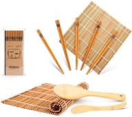 sushi making kit, delamu bamboo sushi mat + 2 rolling mats, 5 🍣 chopstick sets, 1 paddle, 1 spreader, 1 beginner guide pdf, roll on, beginner sushi kit logo