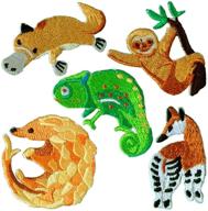 set of 5 adorable forest animal patches: pangolin, platypus, chameleon, okapi, and sloth - embroidered iron-on and sew-on appliques for jackets, backpacks, jeans, and more logo