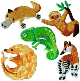 img 3 attached to Set of 5 Adorable Forest Animal Patches: Pangolin, Platypus, Chameleon, Okapi, and Sloth - Embroidered Iron-On and Sew-On Appliques for Jackets, Backpacks, Jeans, and More