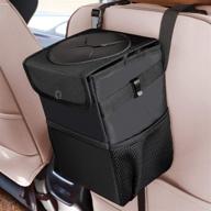 🚘 auesny upgraded car trash can: leak-proof organizer with lid, 3 storage pockets, and waterproof garbage bin - auto car trash bag black 2.4 gallons logo