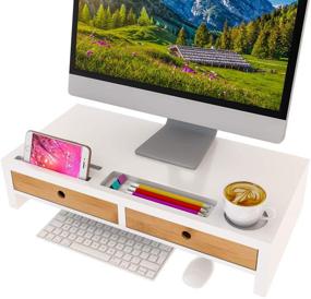 img 4 attached to 🖥️ White Wood Computer Monitor Stand with Drawers - Desk Organizer for Home & Office - Laptop Screen Printer TV Riser 22.05L 10.60W 4.70H inch