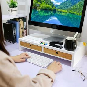 img 3 attached to 🖥️ White Wood Computer Monitor Stand with Drawers - Desk Organizer for Home & Office - Laptop Screen Printer TV Riser 22.05L 10.60W 4.70H inch